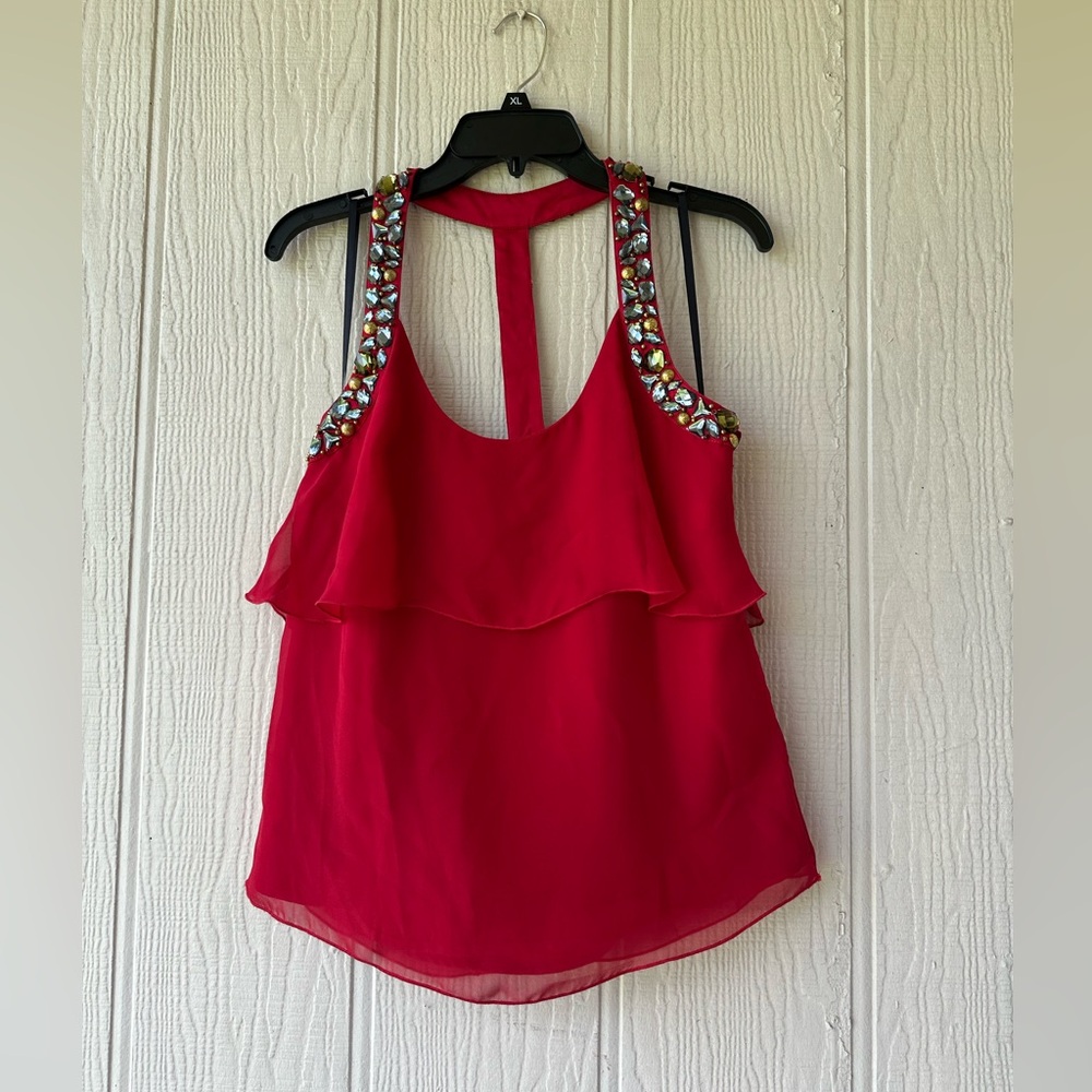 Bebe Red Ruffled Embellished Tank Top